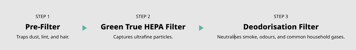 Filtration flow: Step 1 Pre-Filter traps dust, lint and hair, Step 2 Green True HEPA Filter captures ultrafine particles, Step 3 Deodorisation Filter neutralises smoke, odours and household gases
