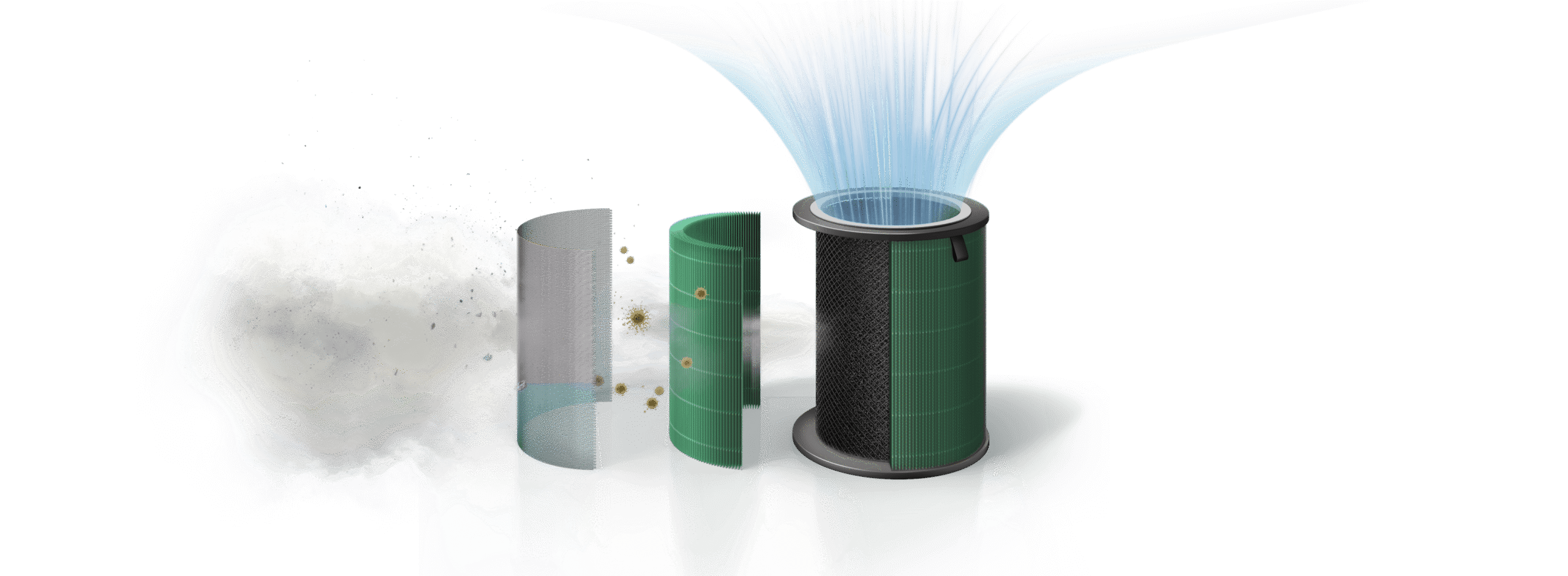The three filter layers of the Coway Suite separating, with clean air flowing through